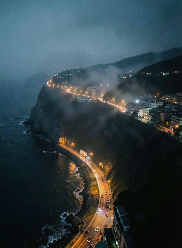 La Costa Verde de Lima de noche, con neblina y la vía iluminada por faroles de sodio.